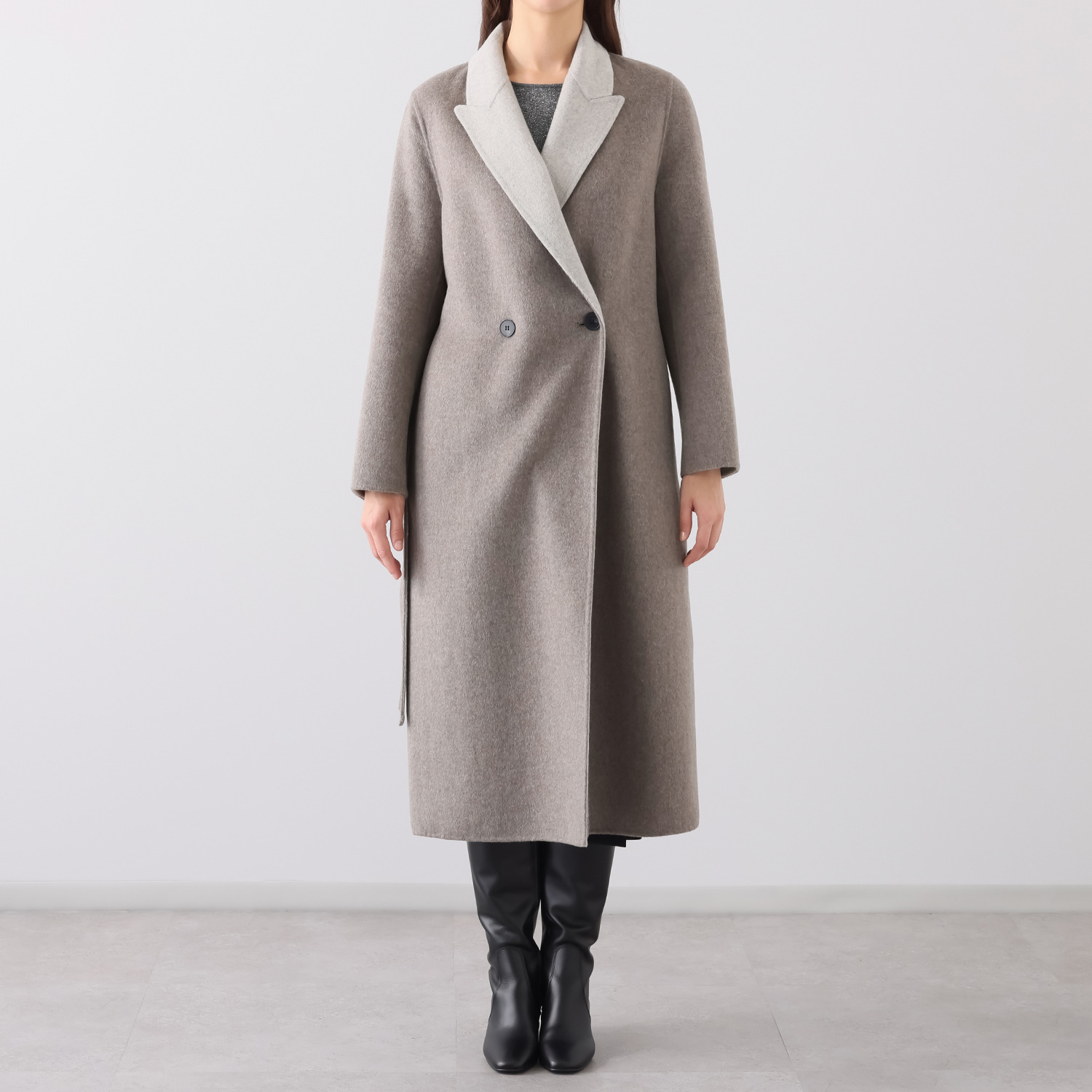 マリエール 共布ベルト付 ウール混ダブルフェイス バイカラー ロングコート