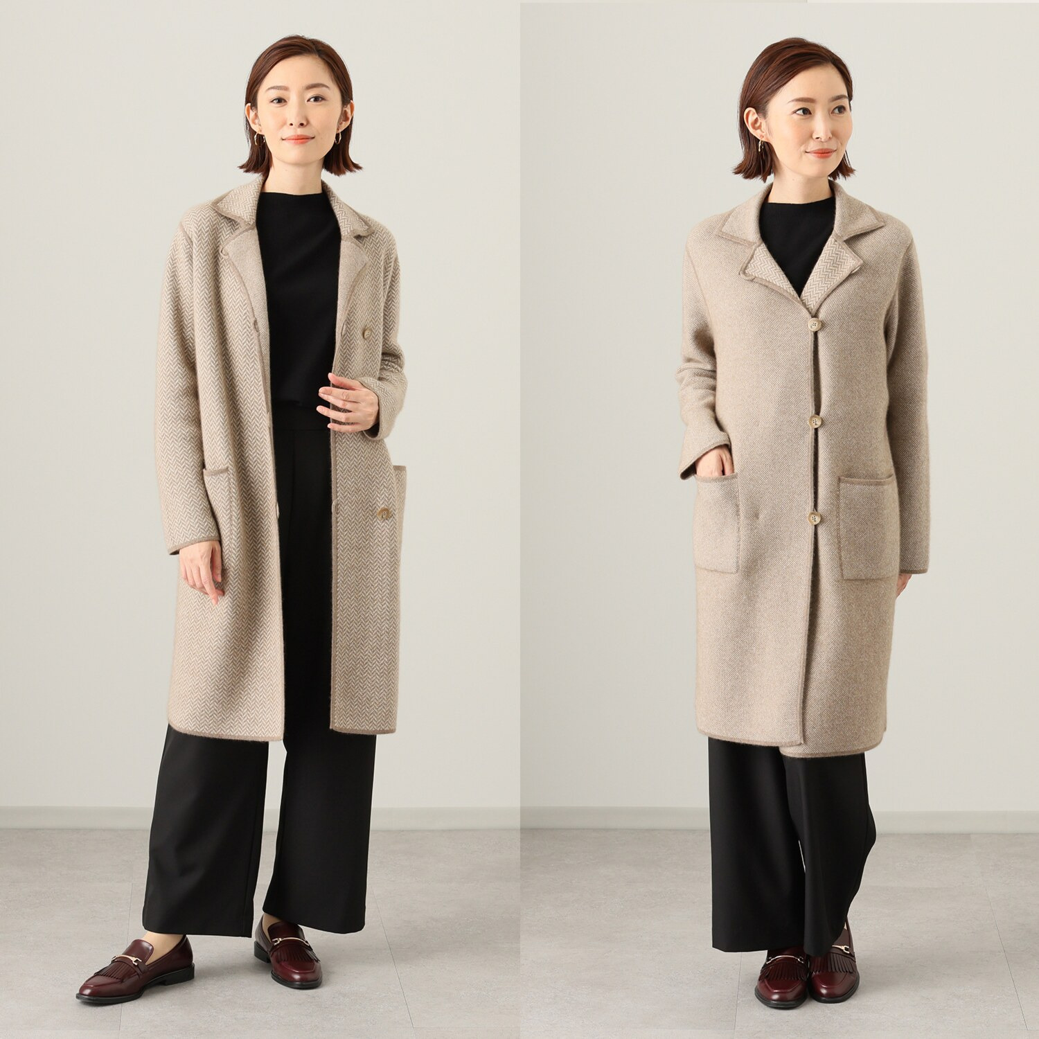 ネイチャーズ 無染色カシミヤ ヘリンボーン柄 ジャガード編 リバーシブルコート