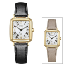シチズン　“クロスシー” レザー調ベルト スクエアフェイス 電波ソーラーウォッチ ＜ゴールドカラー＞