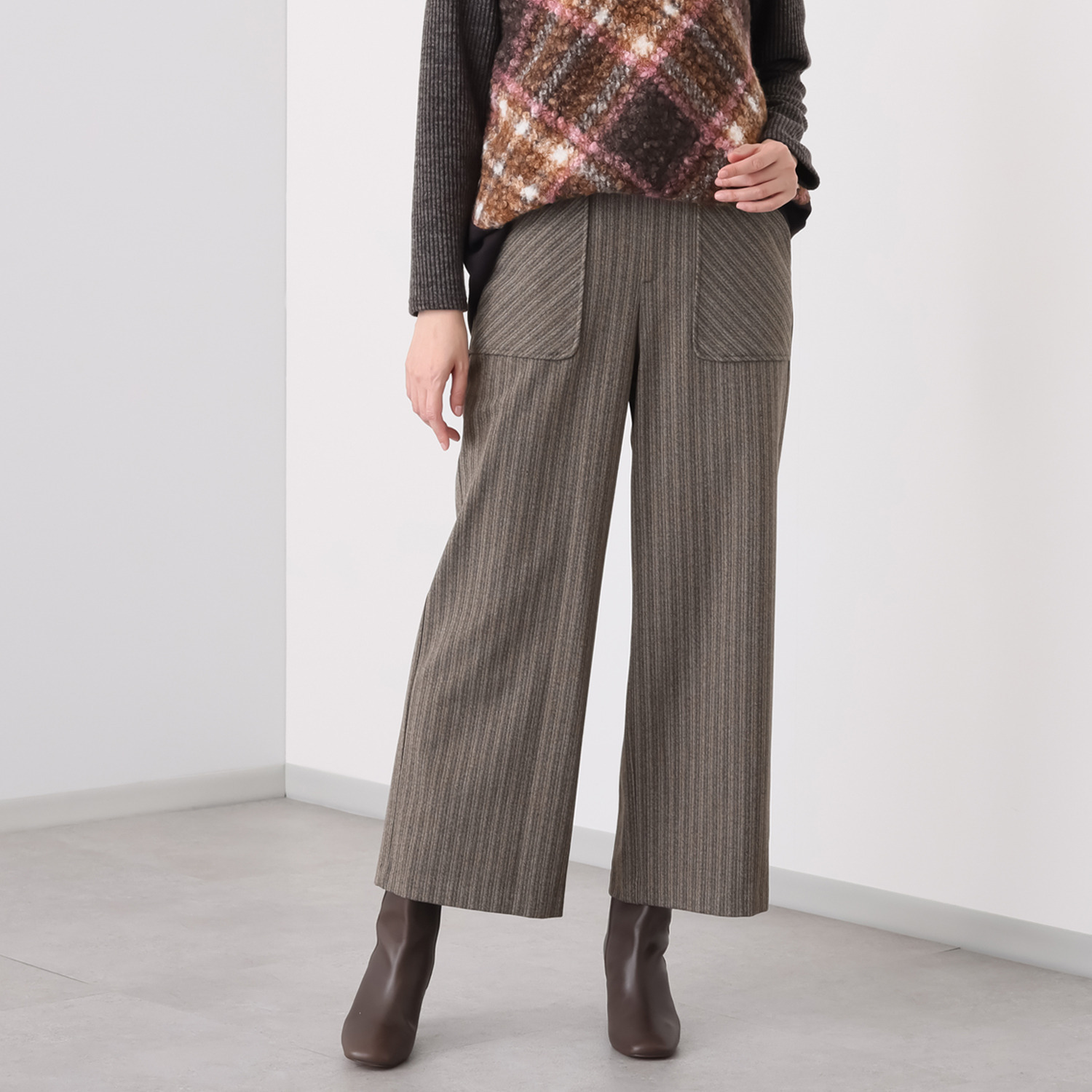 ダジュール ストライプ 裏起毛ワイドパンツ