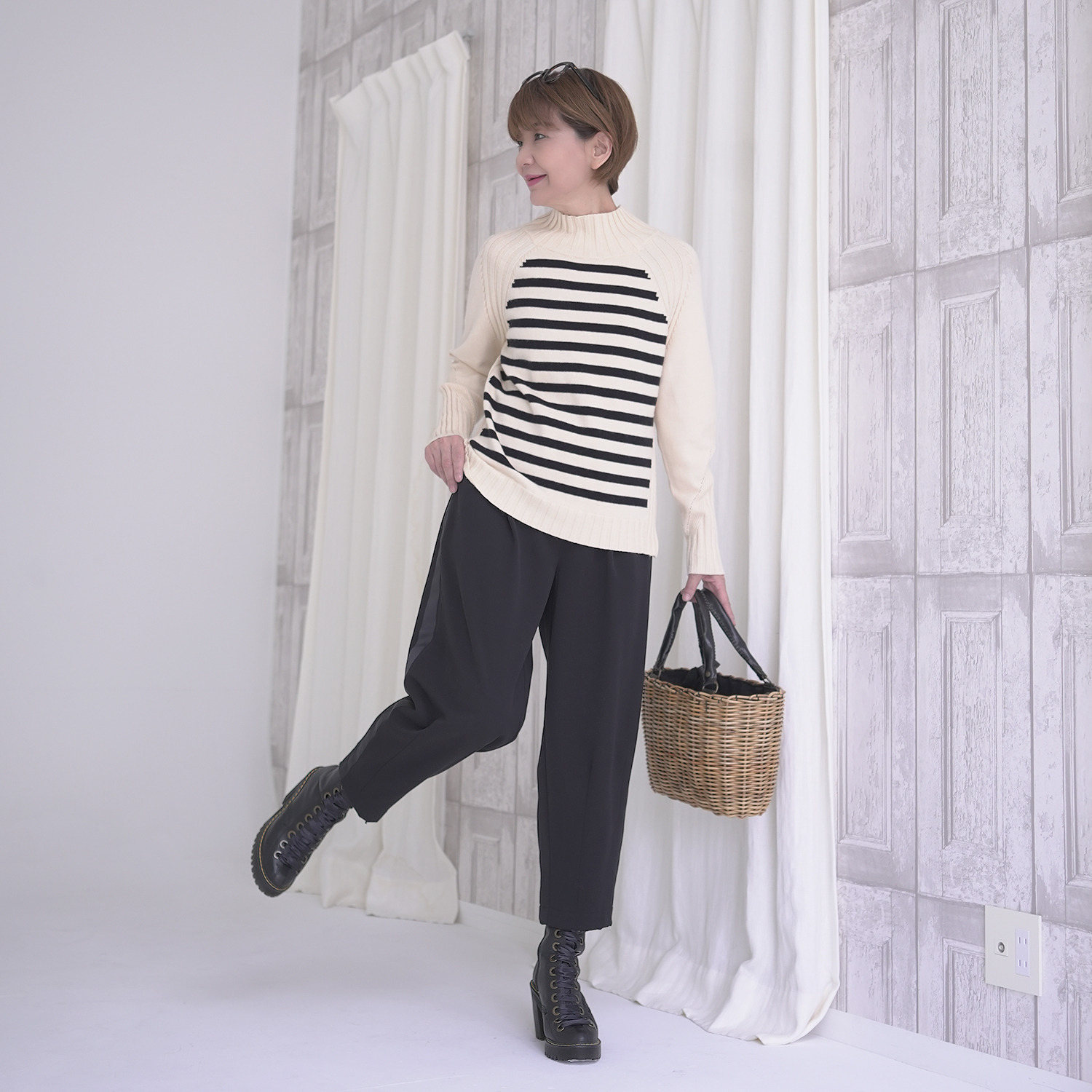 エムズ　スタイル 変わりリブ編アクセント ハイネック ニットプルオーバー