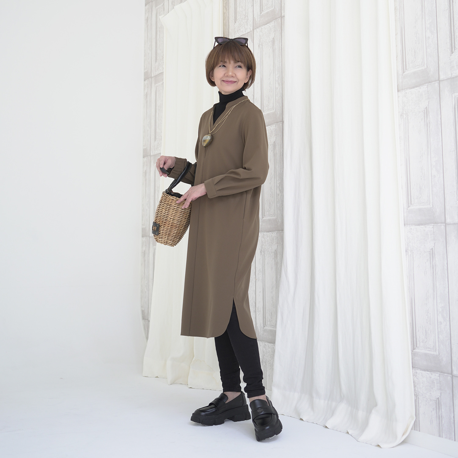 エムズ　スタイル ストレッチジョーゼット 変形スキッパーデザイン ワンピース