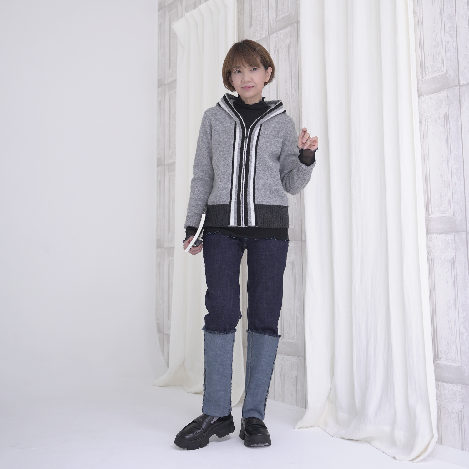 エムズ　スタイル ジャガードニット ラインアクセント フーディーパーカー