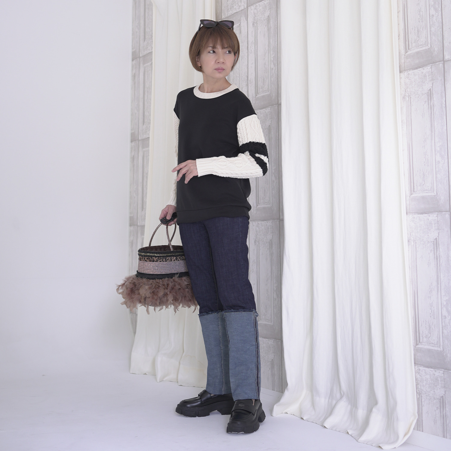 エムズ　スタイル 裏起毛ソフトジャージー 袖ニット切替 デザインプルオーバー