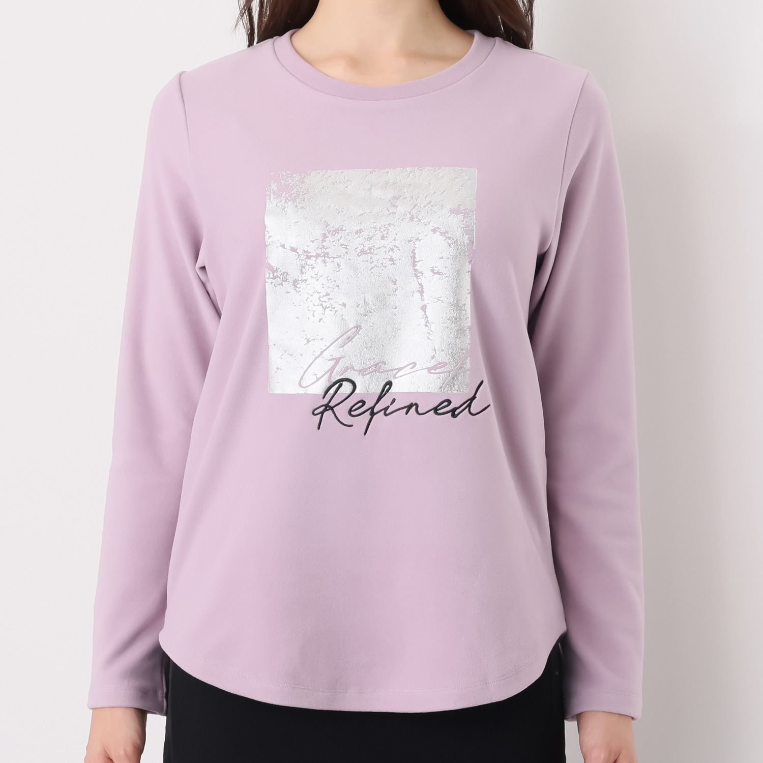 ヘブンアンドアース 箔プリント＆刺しゅう 起毛スムース ロングＴシャツ