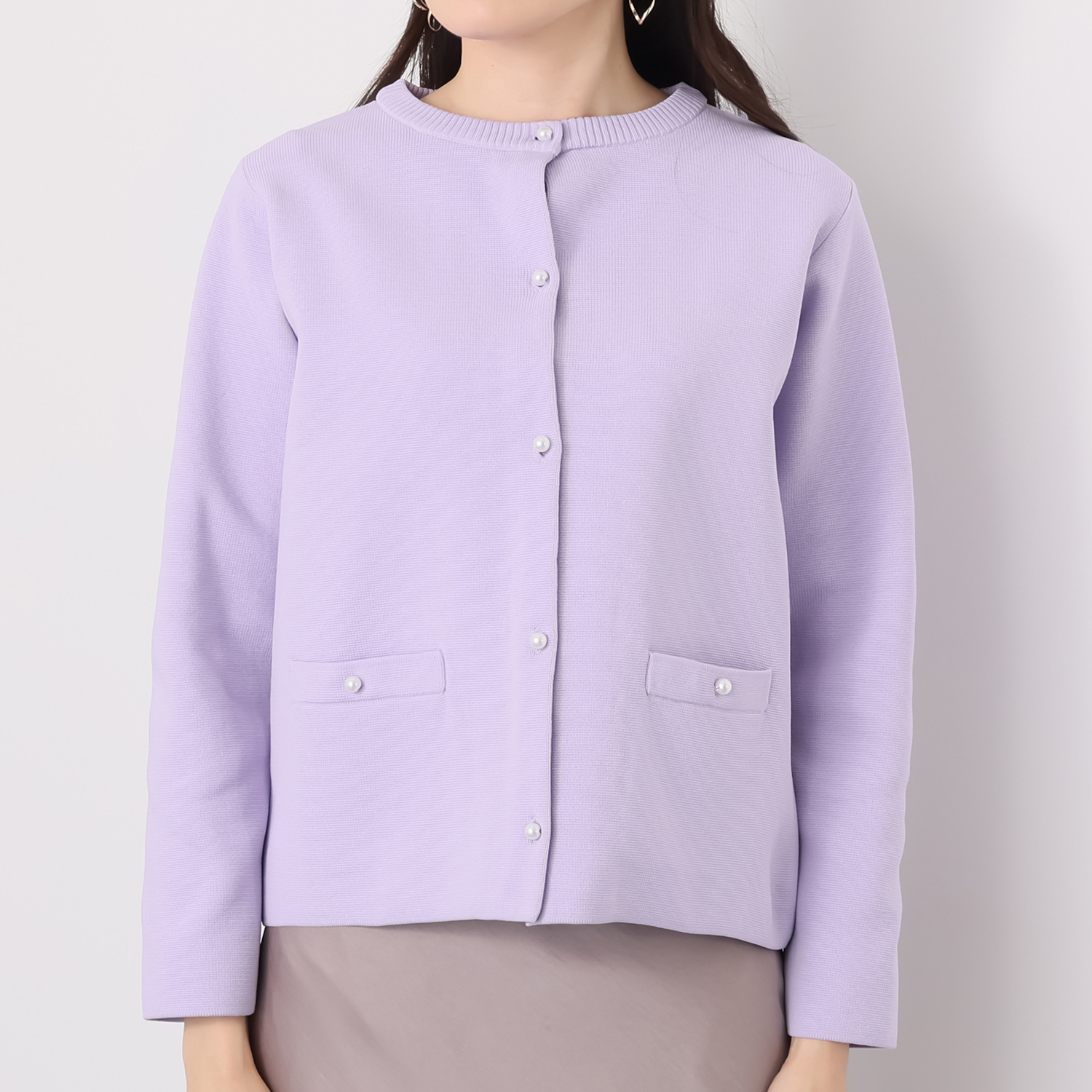 ルクオーレ きちんと見え パール調ボタンアクセント ハーフミラノリブ編 ニットカーディガン