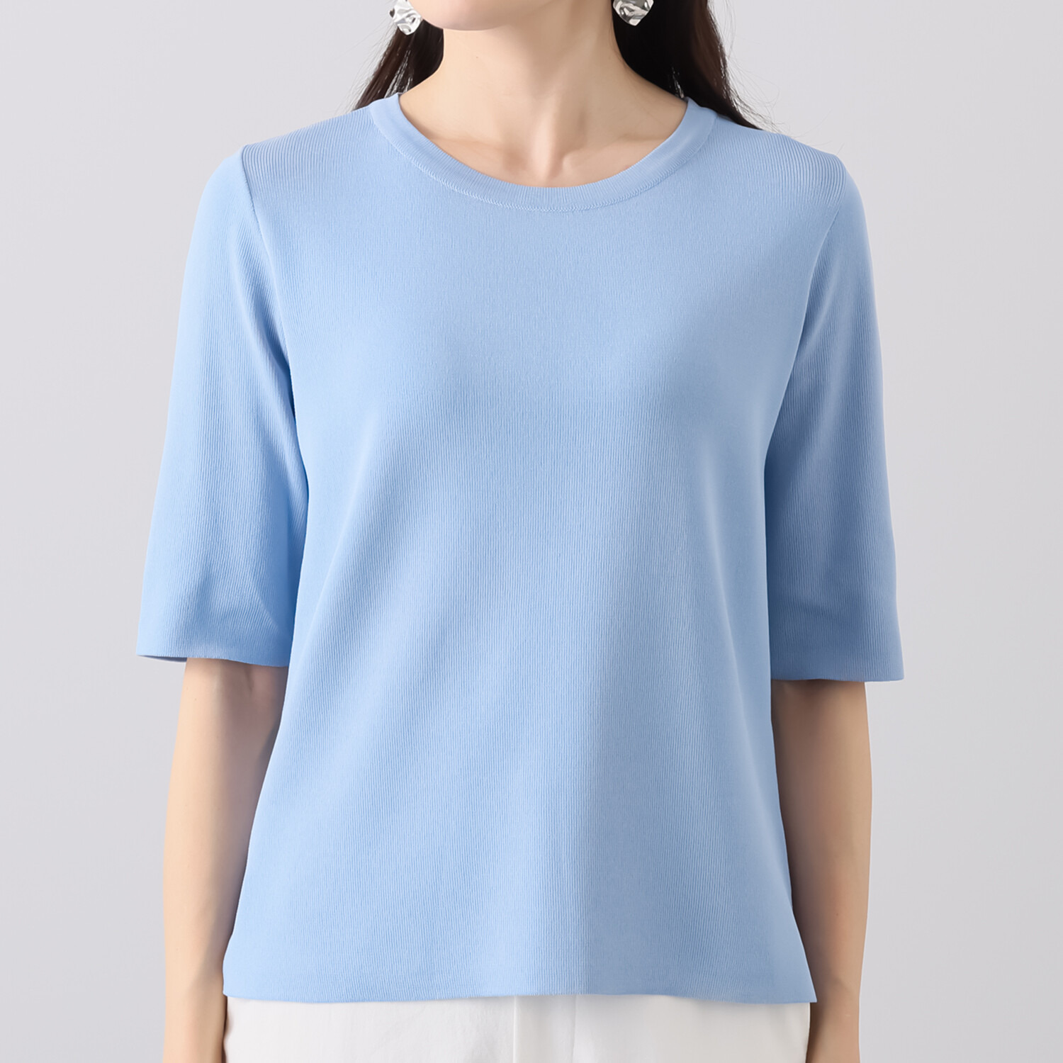 ルクオーレ きれい見え Ｔシャツ感覚で着られる 五分袖 ニットプルオーバー