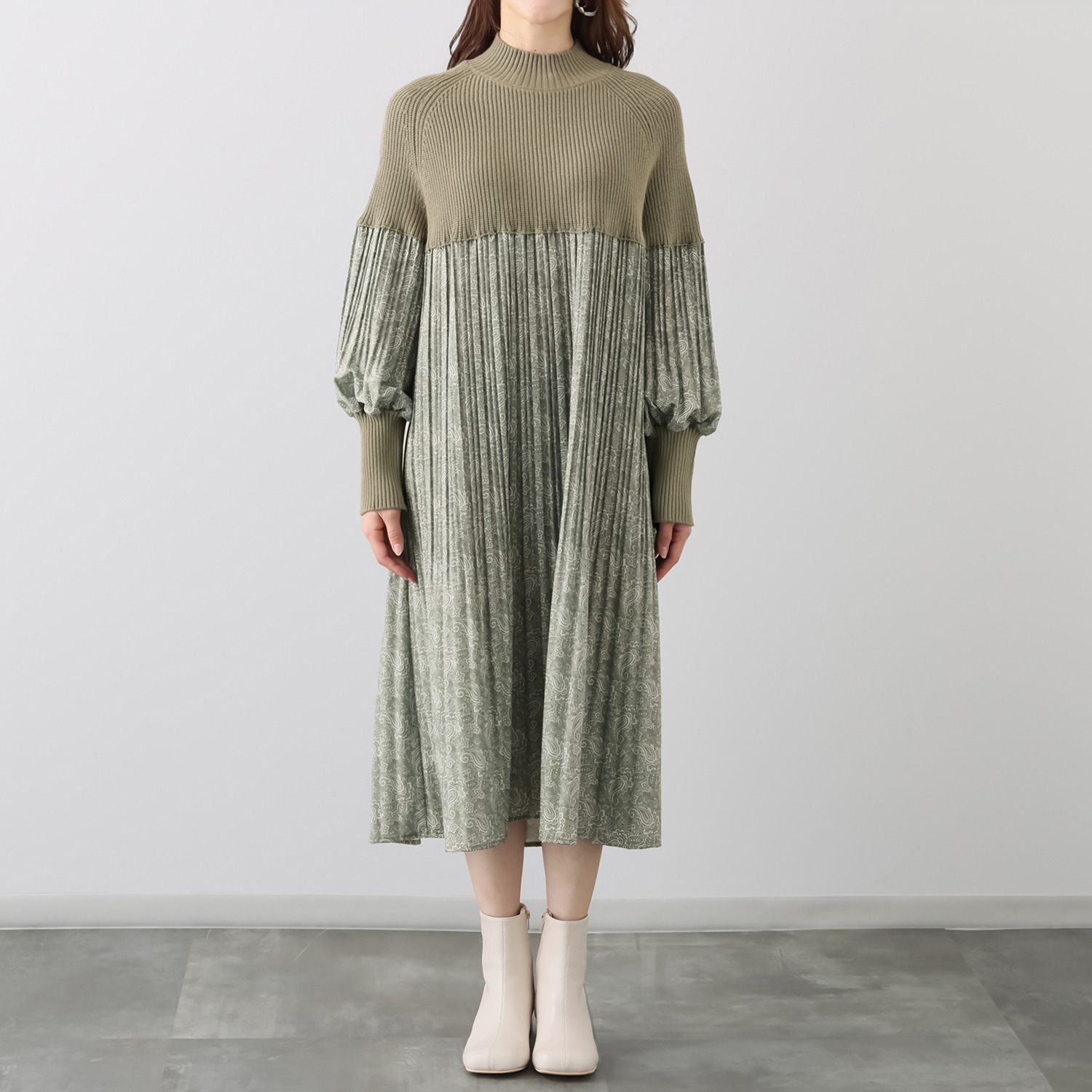 ジョリーフェム ニットドッキング プリントプリーツ ワンピース