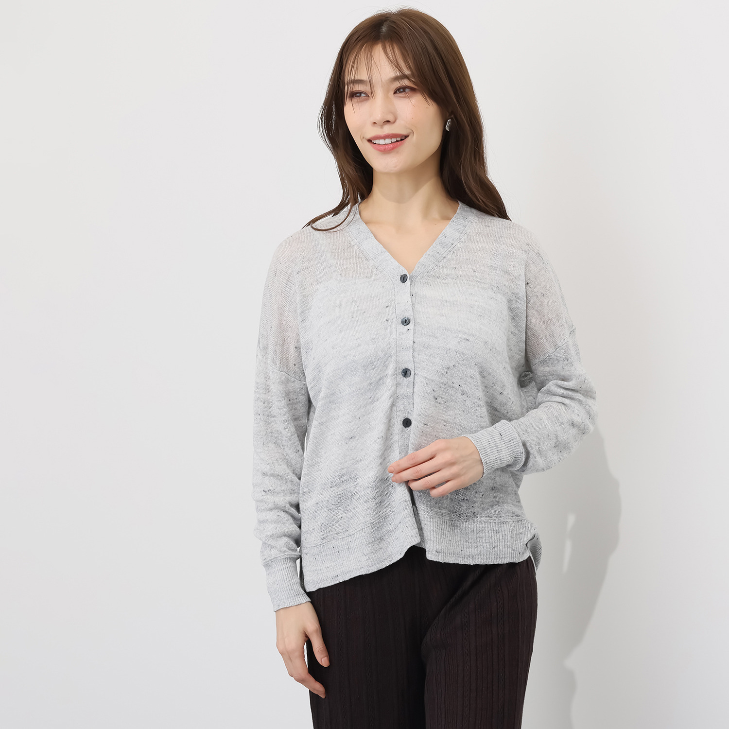 SOÉJU シルク混リブVネックカーディガン M Vネックニット