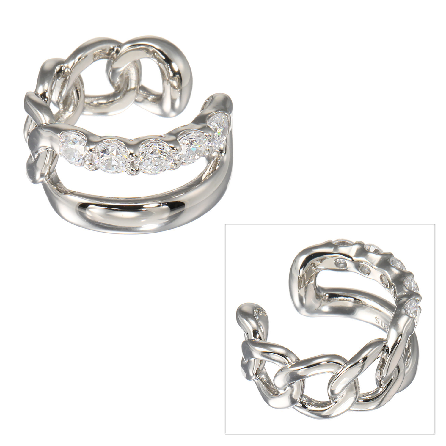 ステングレイス サージカルステンレス プレシオサ社製ＣＺ ダブルライン＆ チェーンデザイン リバーシブルイヤーカフ ＜片側のみ＞