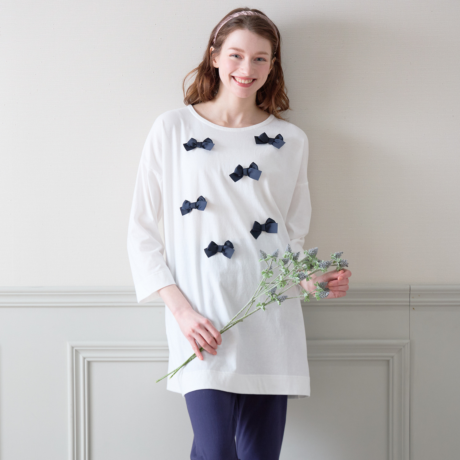 ナルエー コットン１００％天竺 リボンプルオーバー