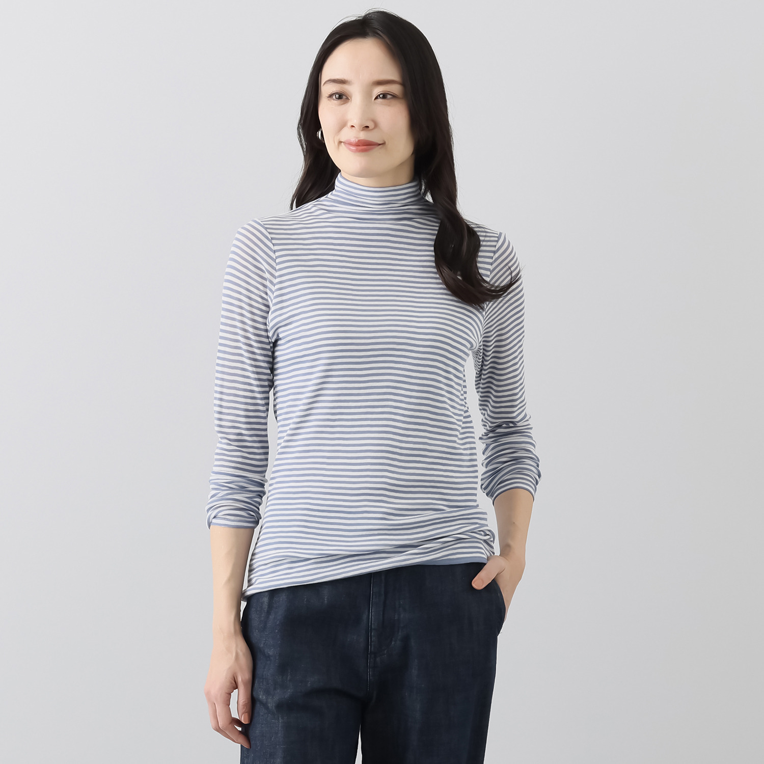 天使の綿シフォン 四六時中着たくなる 極上の肌触り！ モックネック ボーダー 一重長袖プルオーバー