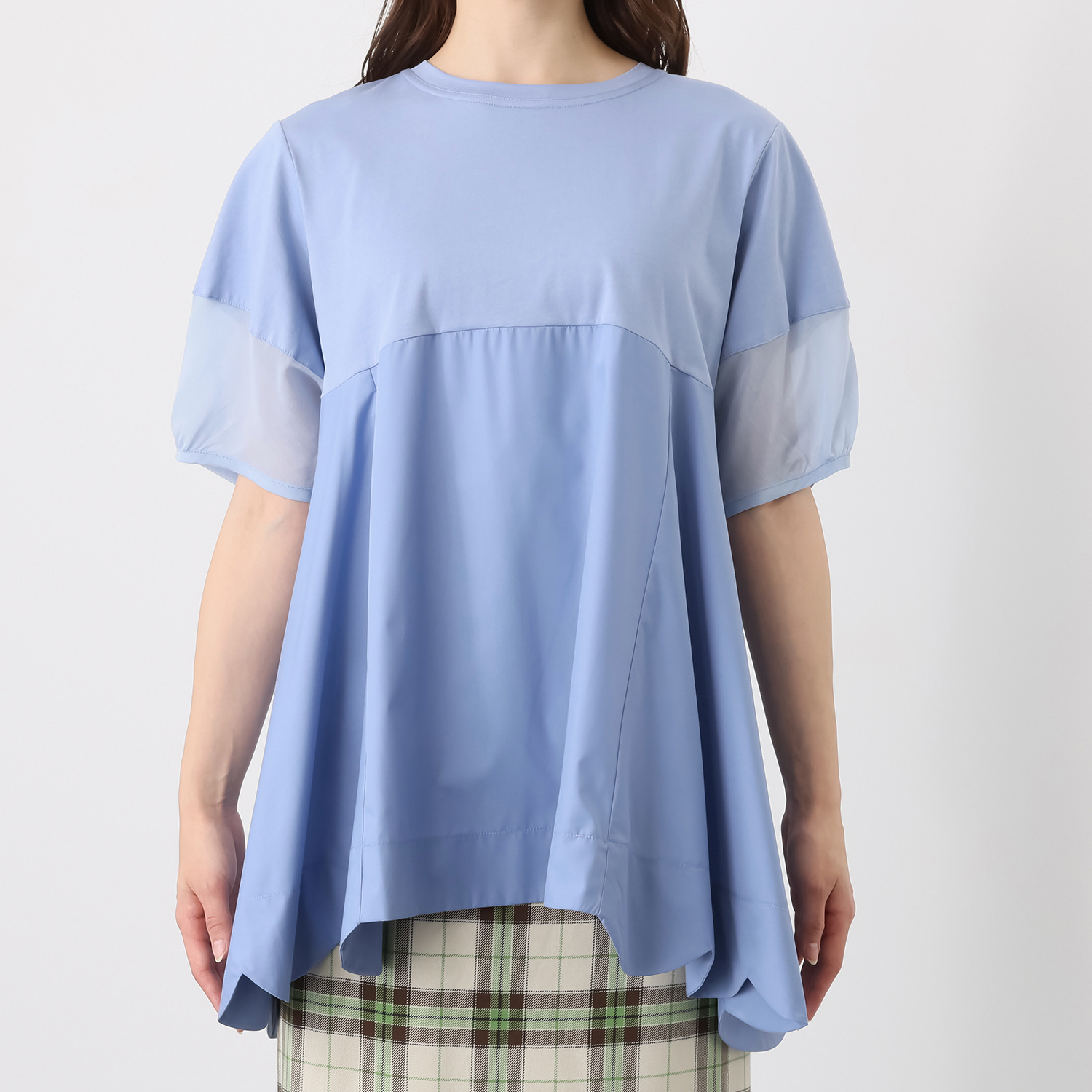 ラヴィーコンフォート 袖コンシャス＆ 裾スカラップ 異素材ミックス ガーリー チュニックプルオーバー