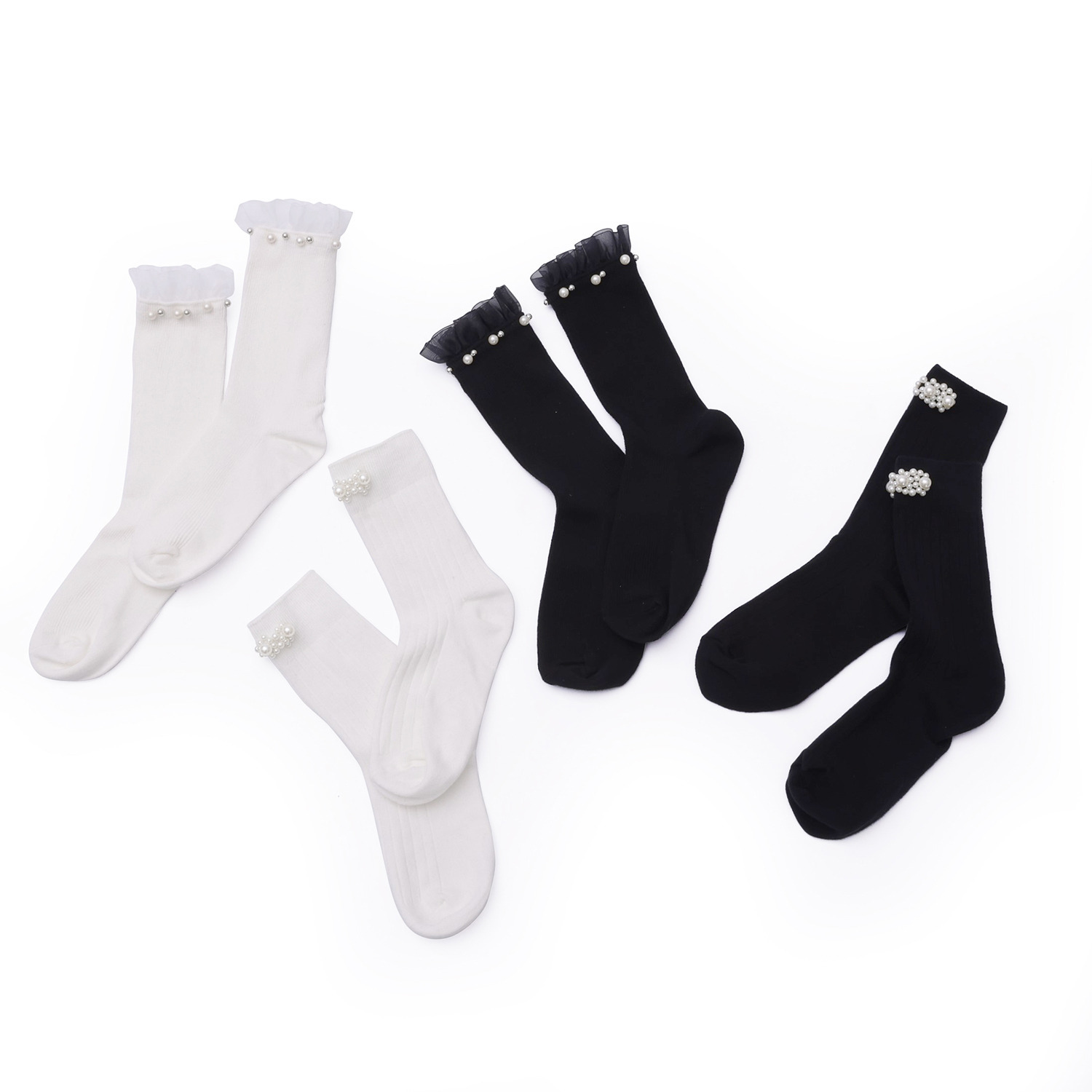 ダンスウィズビジュー 足元煌めく パールビジュウ＆チュール デコレーション 綿混ソックス２足組