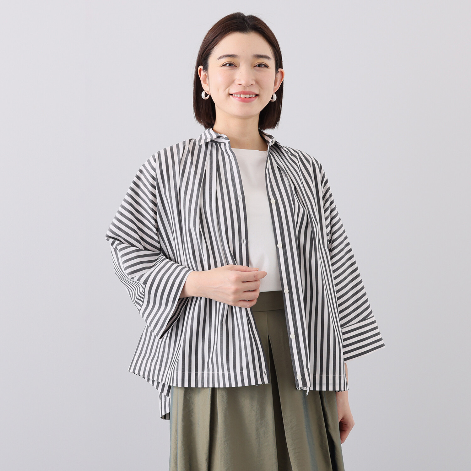 イフェメル／ ダブルフェーストーキョー 日本製 コットン１００％ ストライプ ドローストリングシャツ