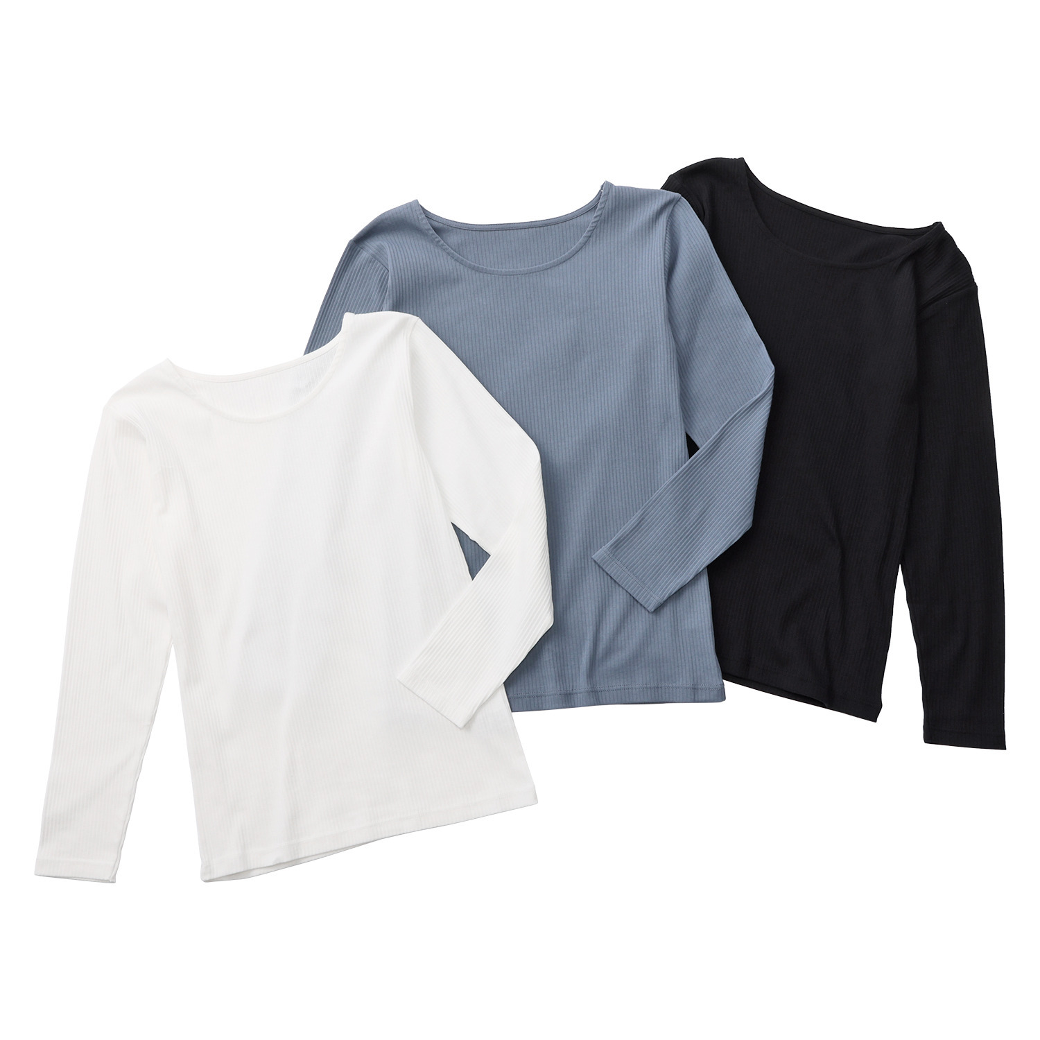 ジュエル オーガニックコットン混 ストレッチリブ編 クルーネック 長袖インナー３枚セット