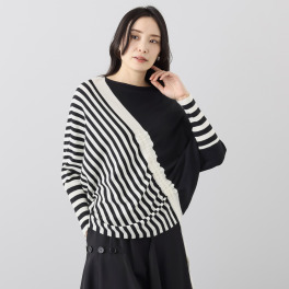 ベルポニー バイアスボーダー柄 ドルマンスリーブ デザインニット プルオーバー