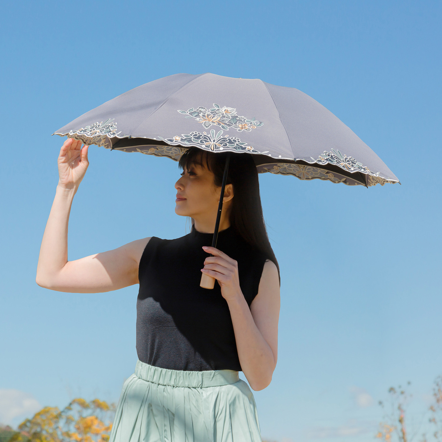 シノワズリーモダン 花鳥カットワーク刺しゅう 晴雨兼用 ミニ折りたたみ傘