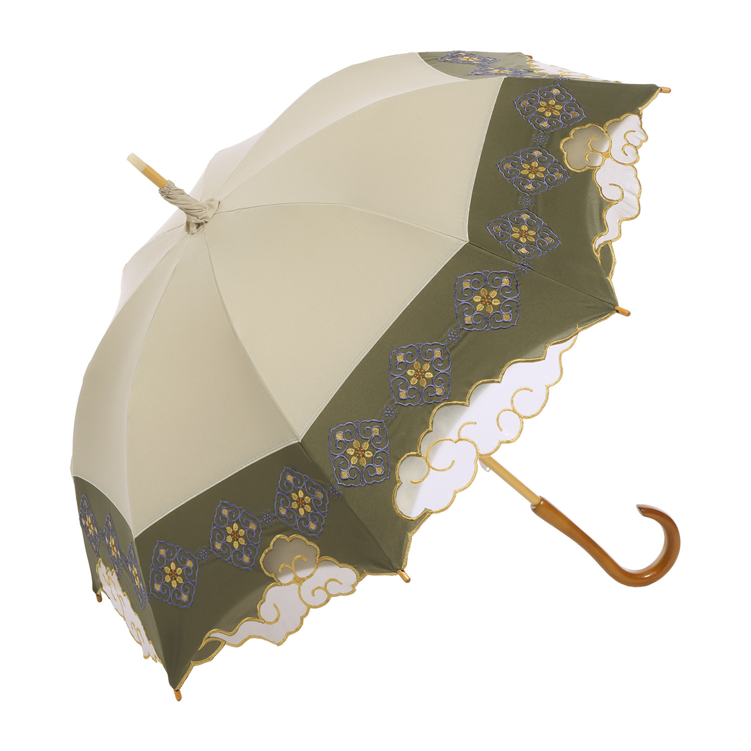 シノワズリーモダン 女優日傘 瑞雲カットワーク刺しゅう かわず張り晴雨兼用長傘