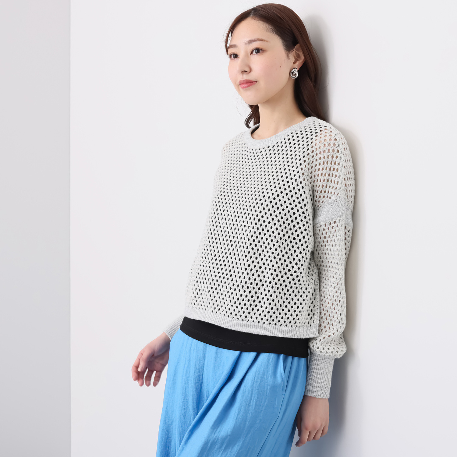 元町ゼラール 綿混ラメ メッシュニット プルオーバー