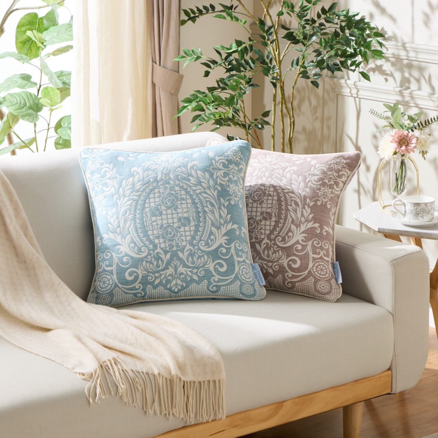 スワトウ刺しゅう協会認定 ジャガード織 デザインクッション 同色2個