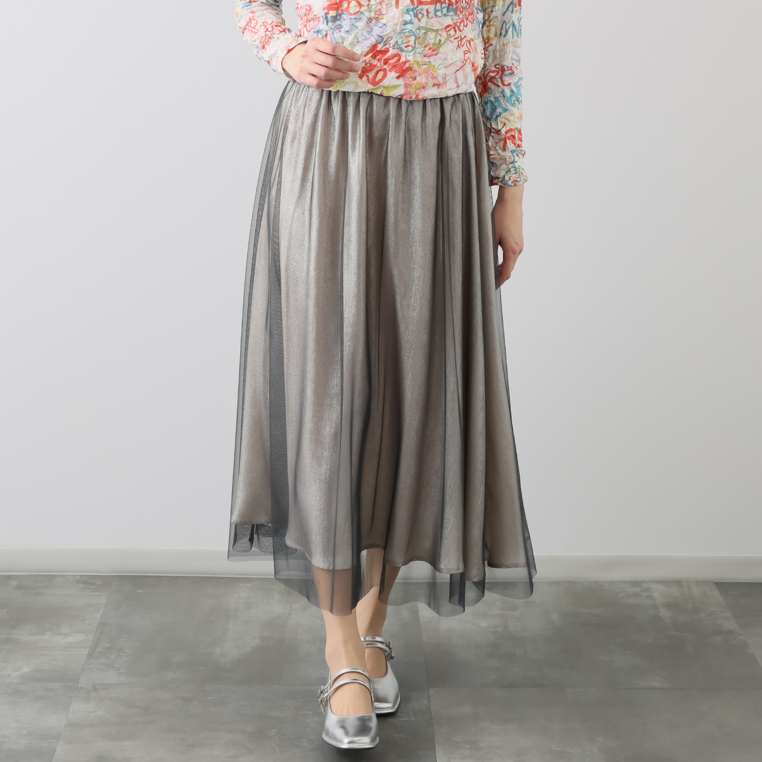 アリュメット メタリックチュール フレアースカート