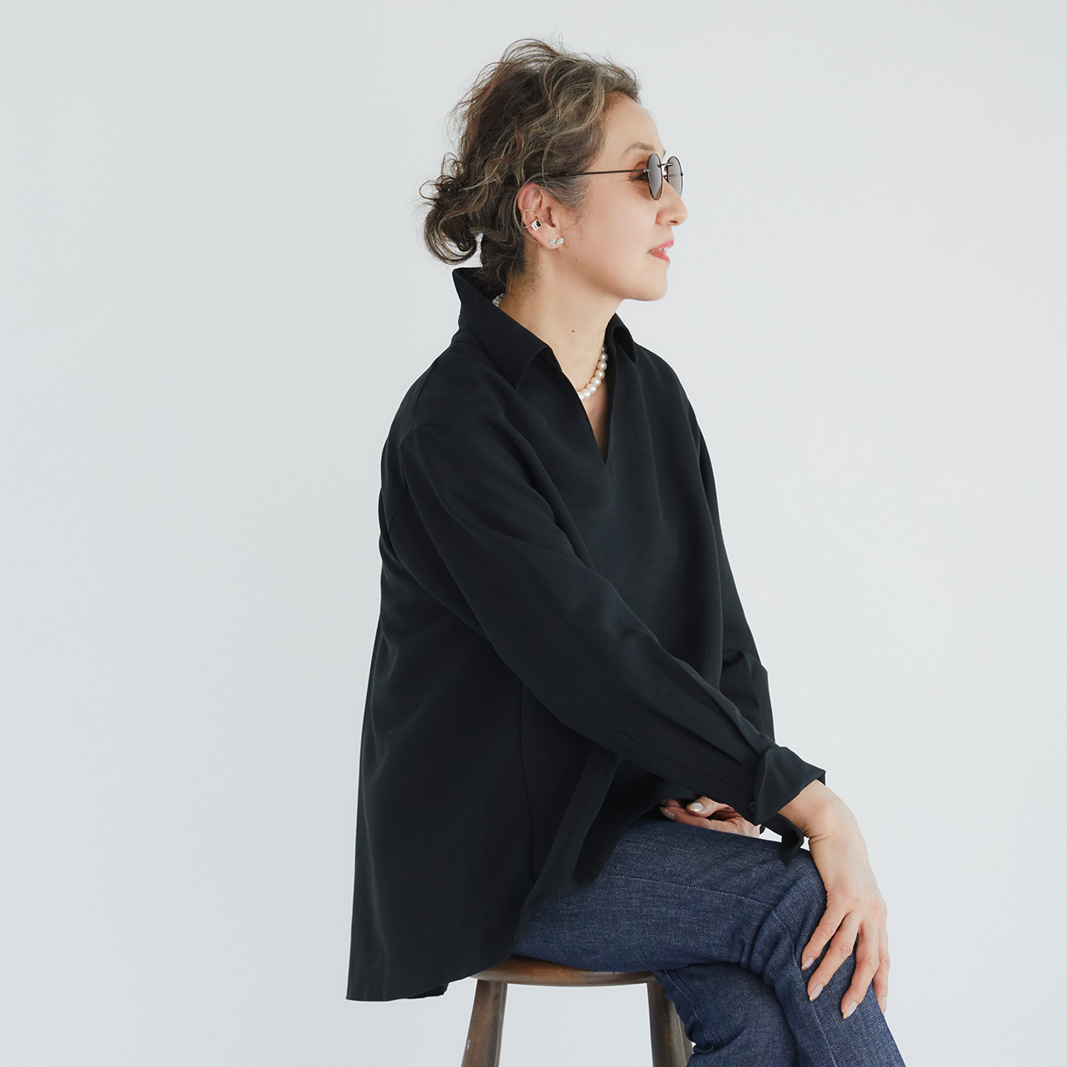 アンドスピカ スキッパーカラー グログランシャツ