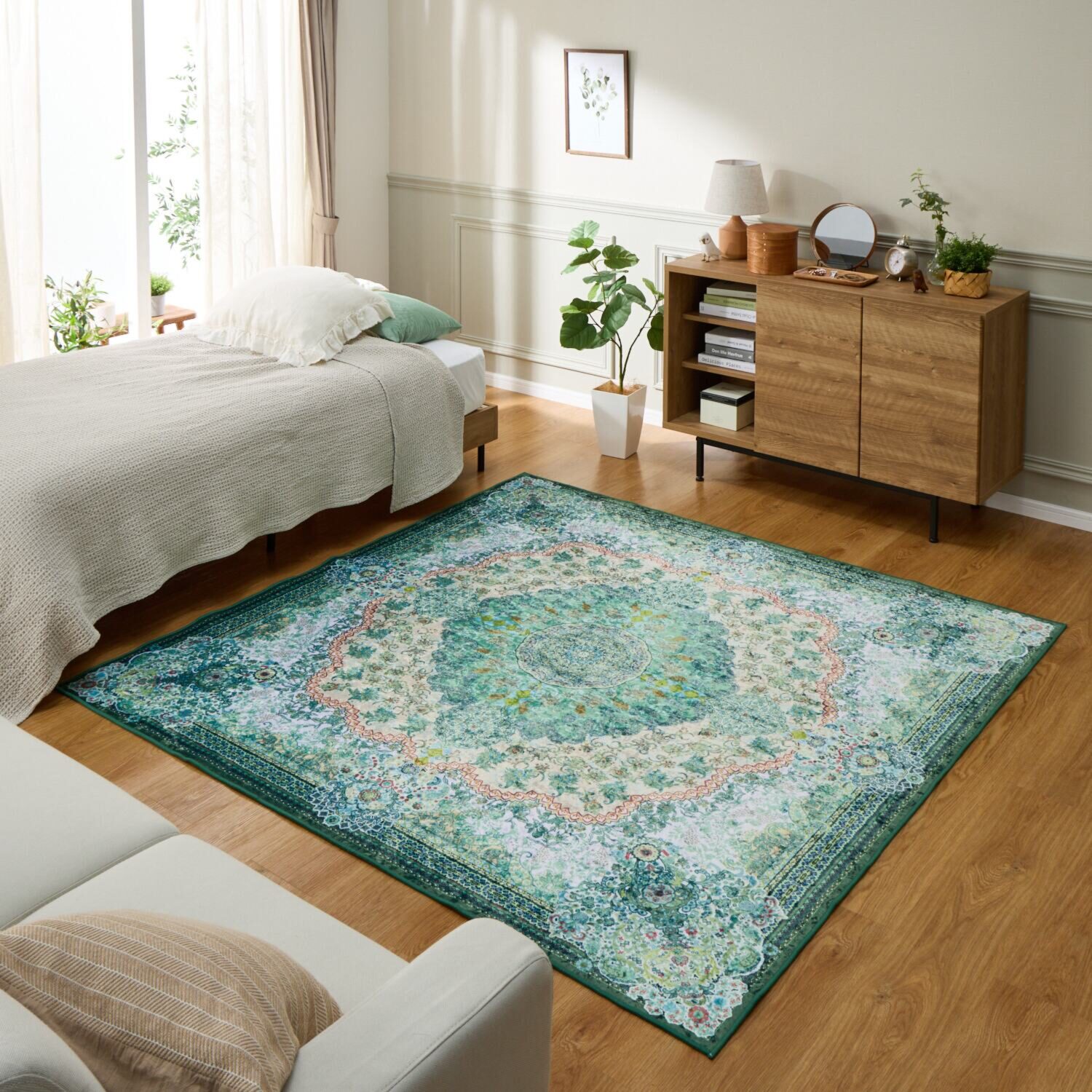 洗えて畳める はっ水加工 ペルシャンデザイン シルクタッチカーペット＜１９０×１９０ｃｍ＞