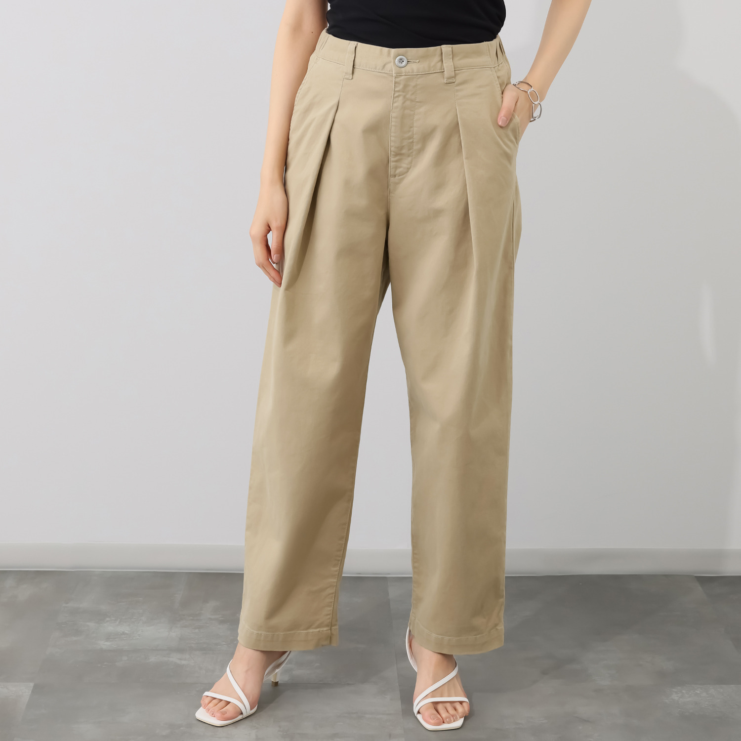 ホープナチュラル ピマコットン混 チノストレッチ タックワイドパンツ