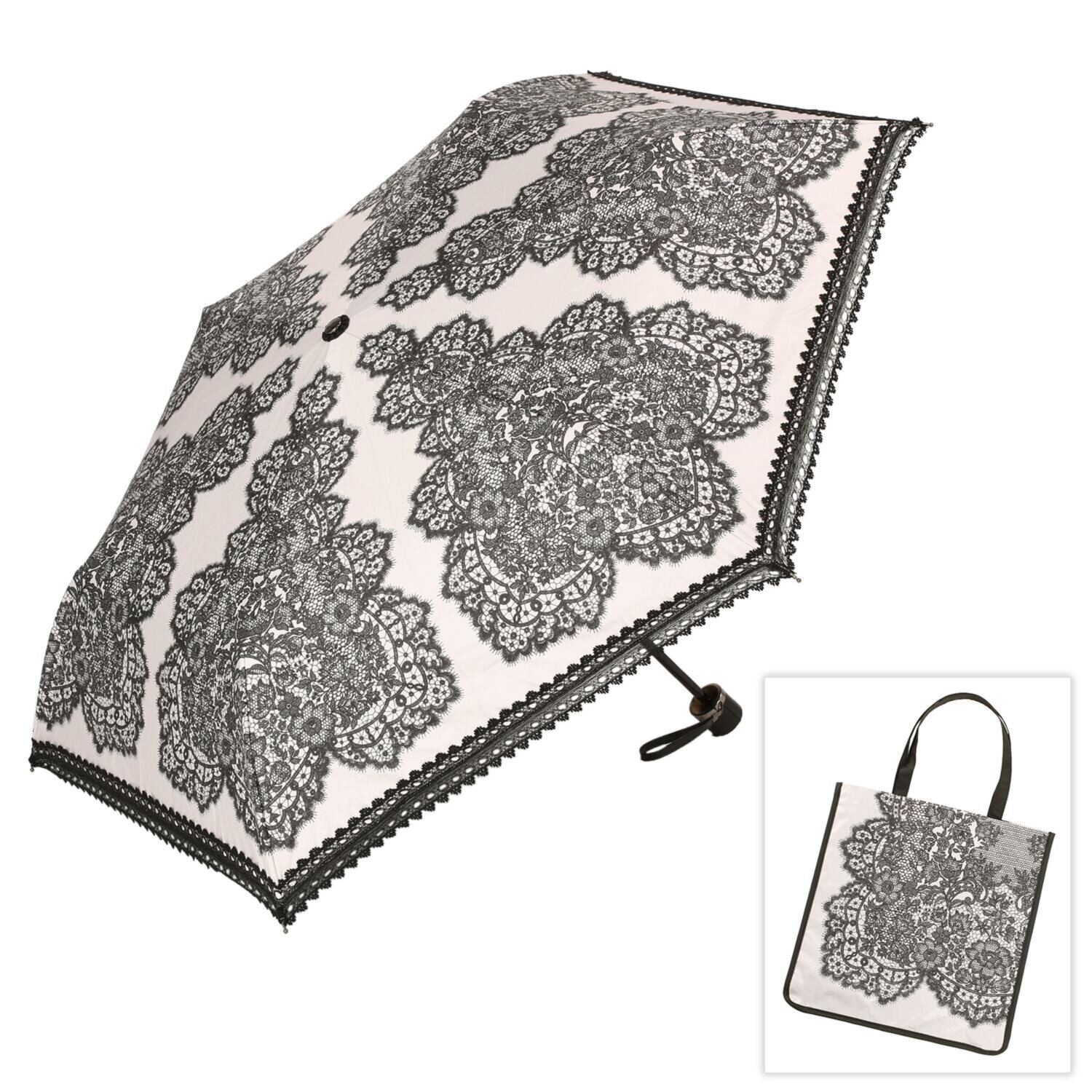 ジュエルレース バイ　ブルーミング 収納バッグ付 簡単開閉 晴雨兼用折りたたみ日傘
