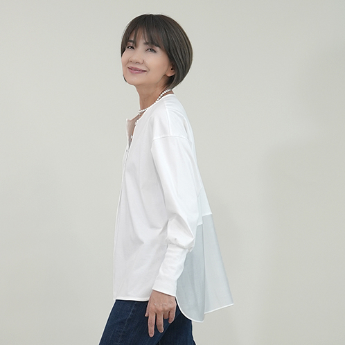 エムズ　スタイル シルケットジャージー シアー異素材切替 ヘンリーネック プルオーバー