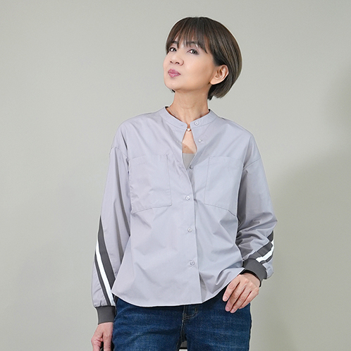 エムズ　スタイル コットン混 ラインニットアクセント バンドカラーシャツ