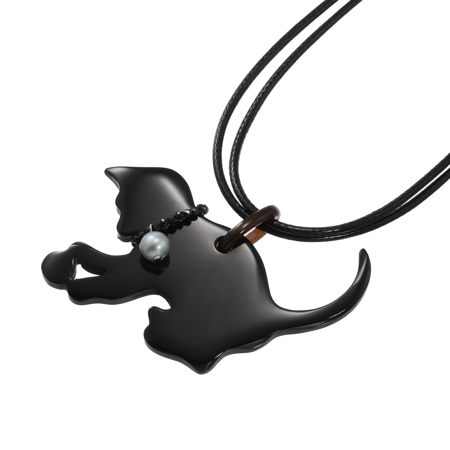 グランシフォレ 水牛＆淡水パール＆ ブラックスピネル 猫モティーフ ロングコードペンダント