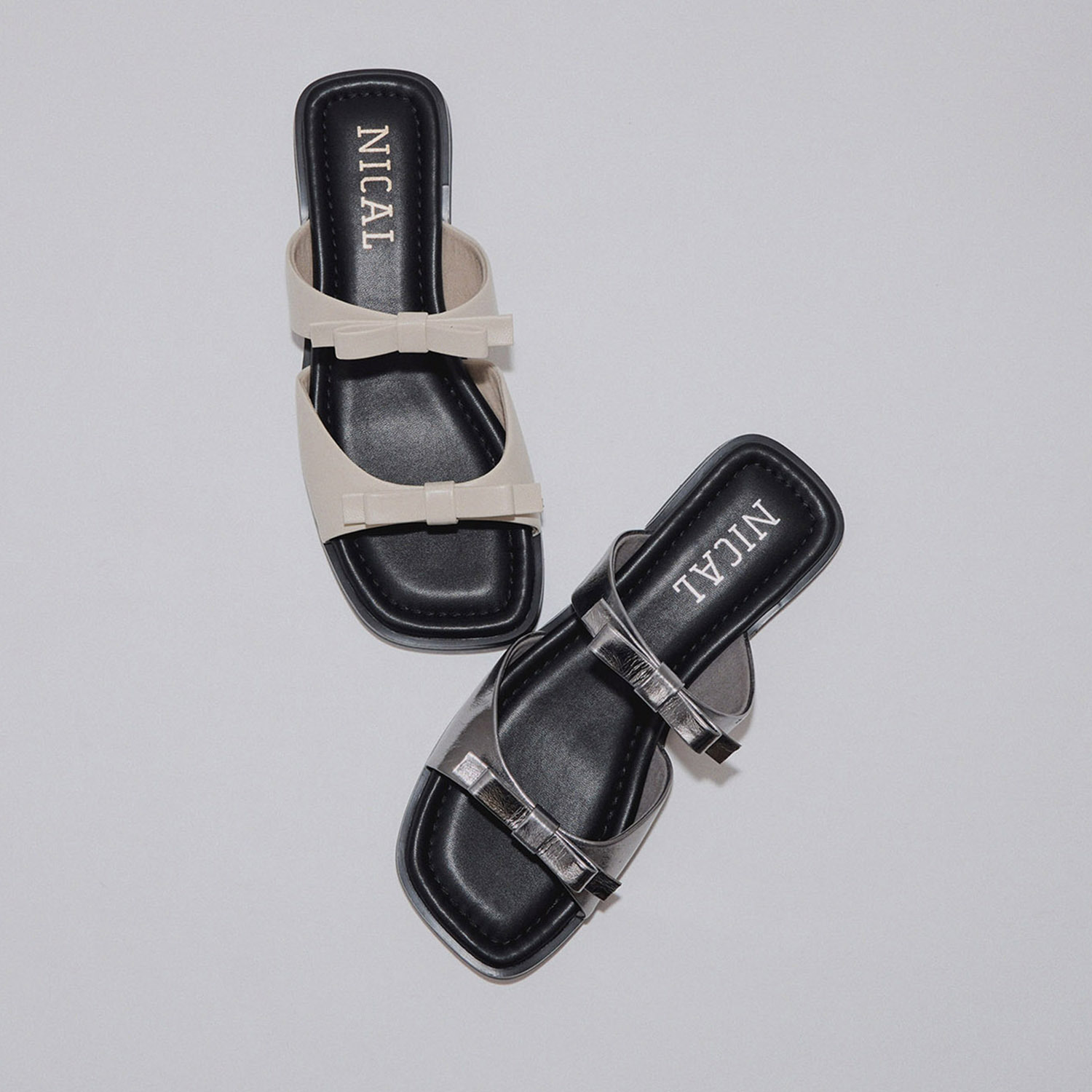 ニカル シープレザー ダブルリボン ミュールサンダル