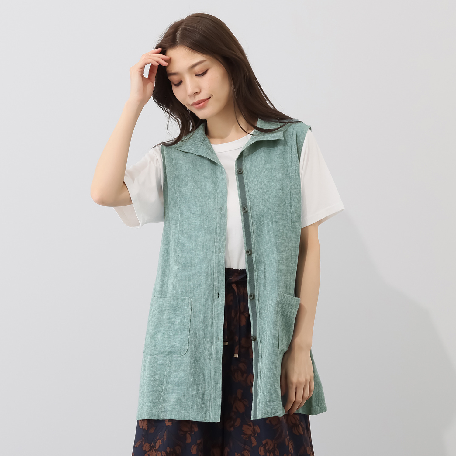 ルナリア 麻混カラミ織 スタンドカラーベスト