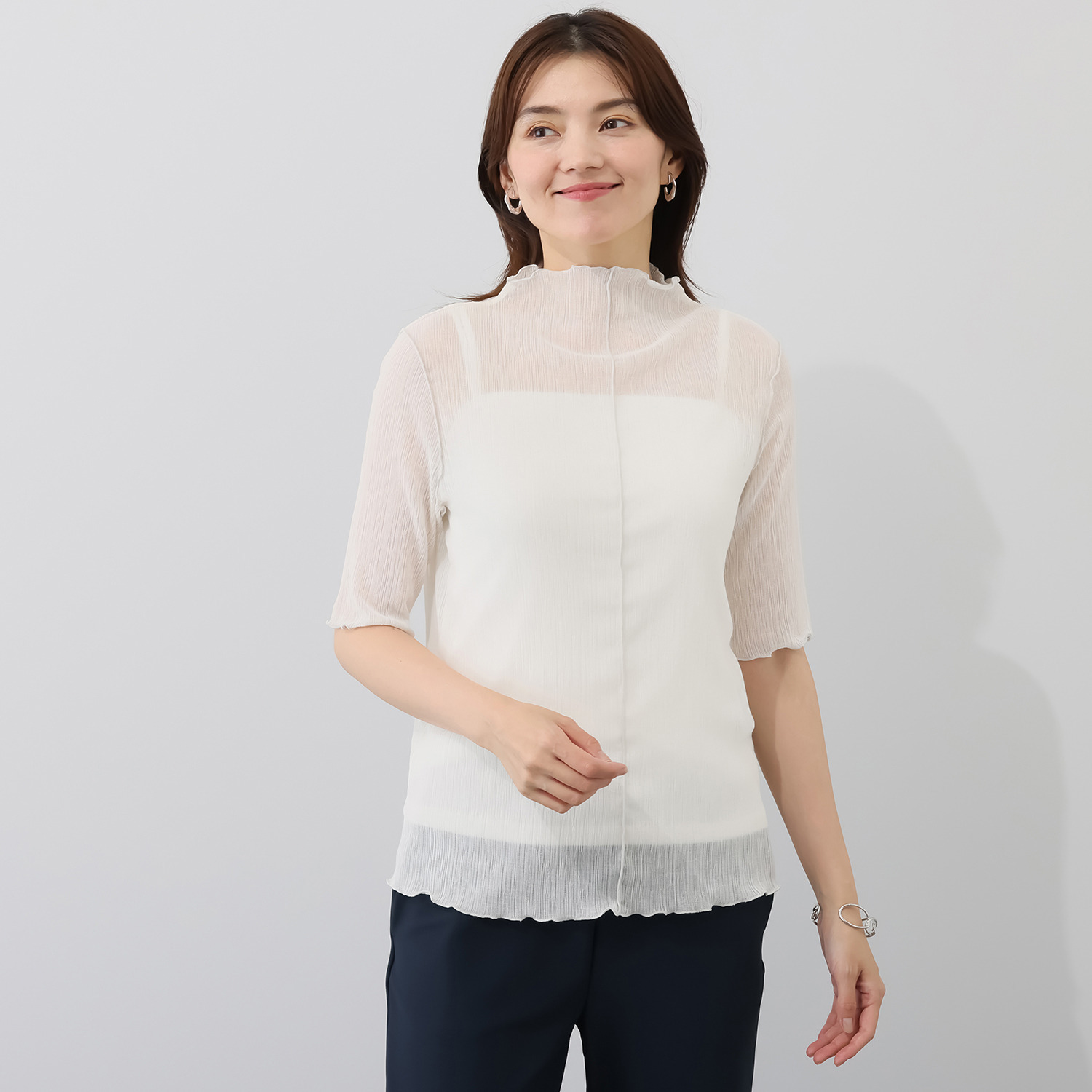 アンリック　オー　ブルー シアークレープ メロウアクセント 五分袖プルオーバー