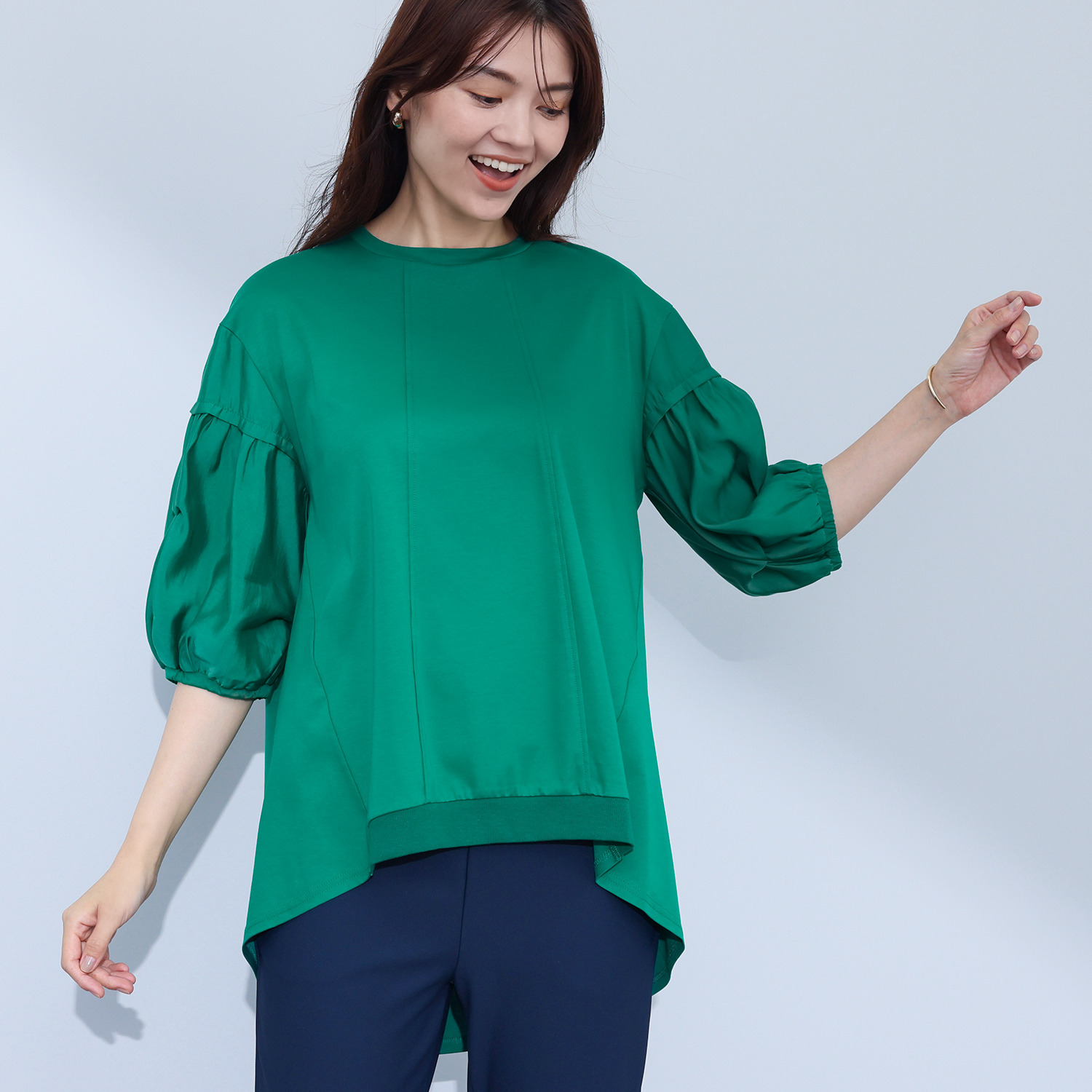 アンリック　オー　ブルー シルケットコットン シアー切替 袖コンシャス プルオーバー