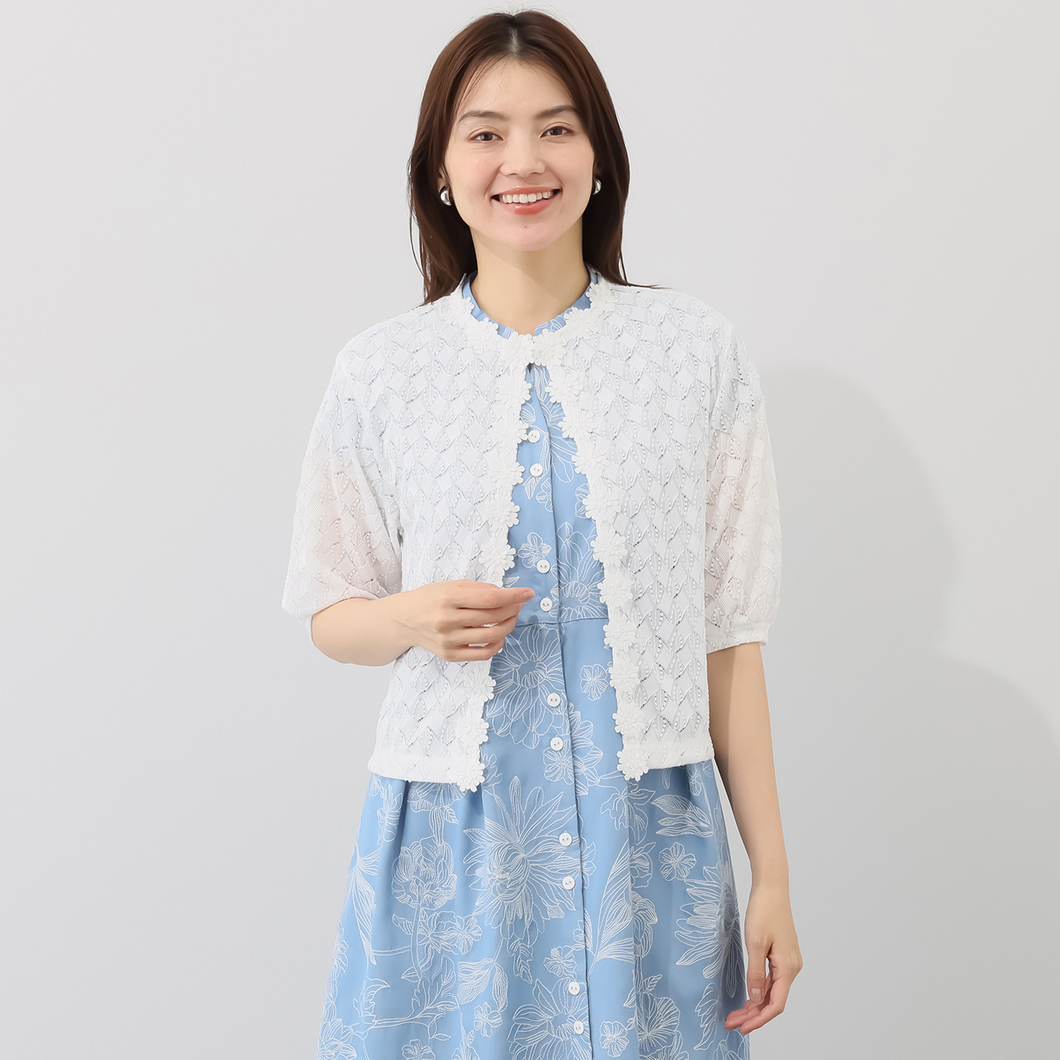 エスポア リーフ＆幾何模様 立体レーストリミング ニットボレロ