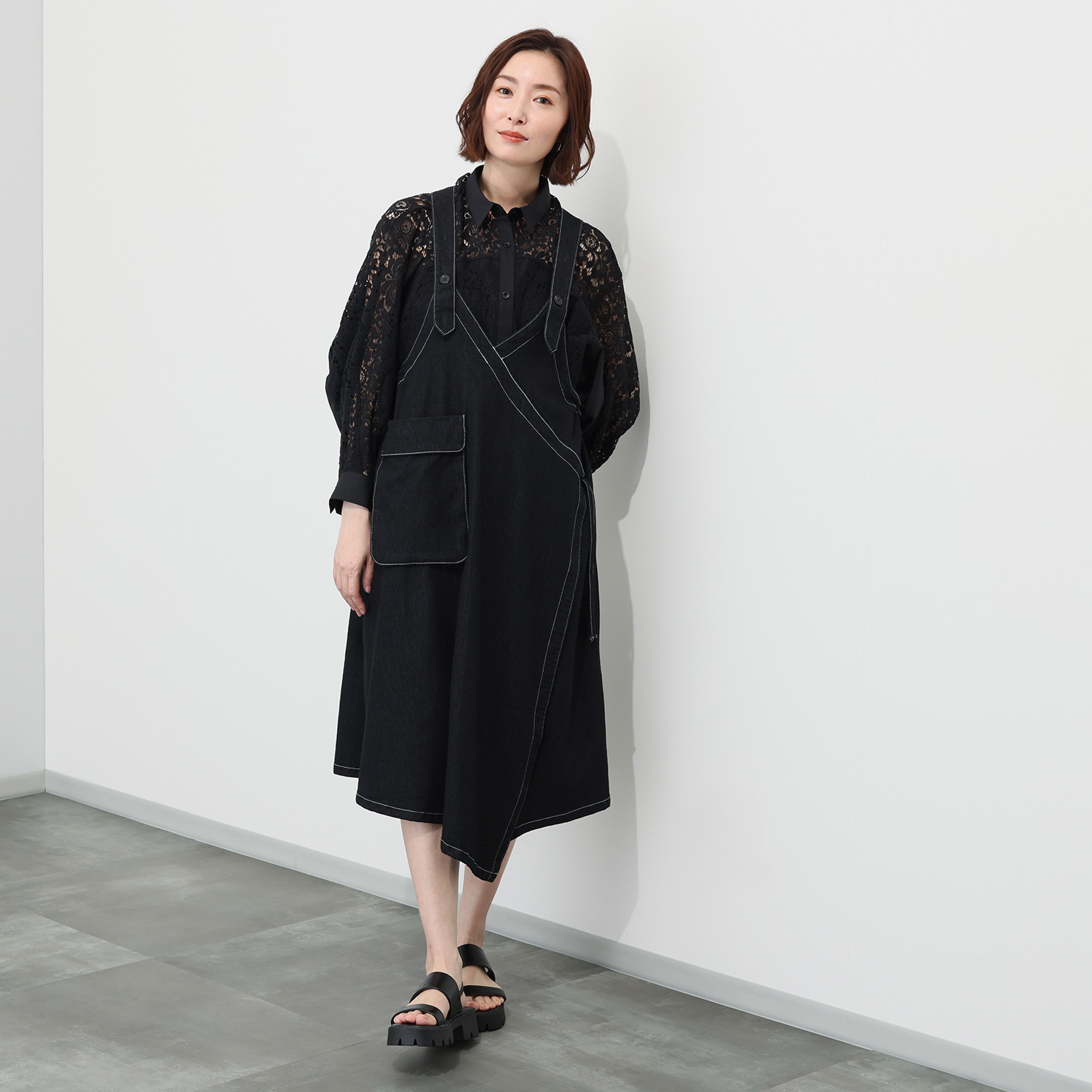 ベルデニム ウォッシュ加工入り ストレッチデニム使用 Ａラインシルエット ジャンパースカート