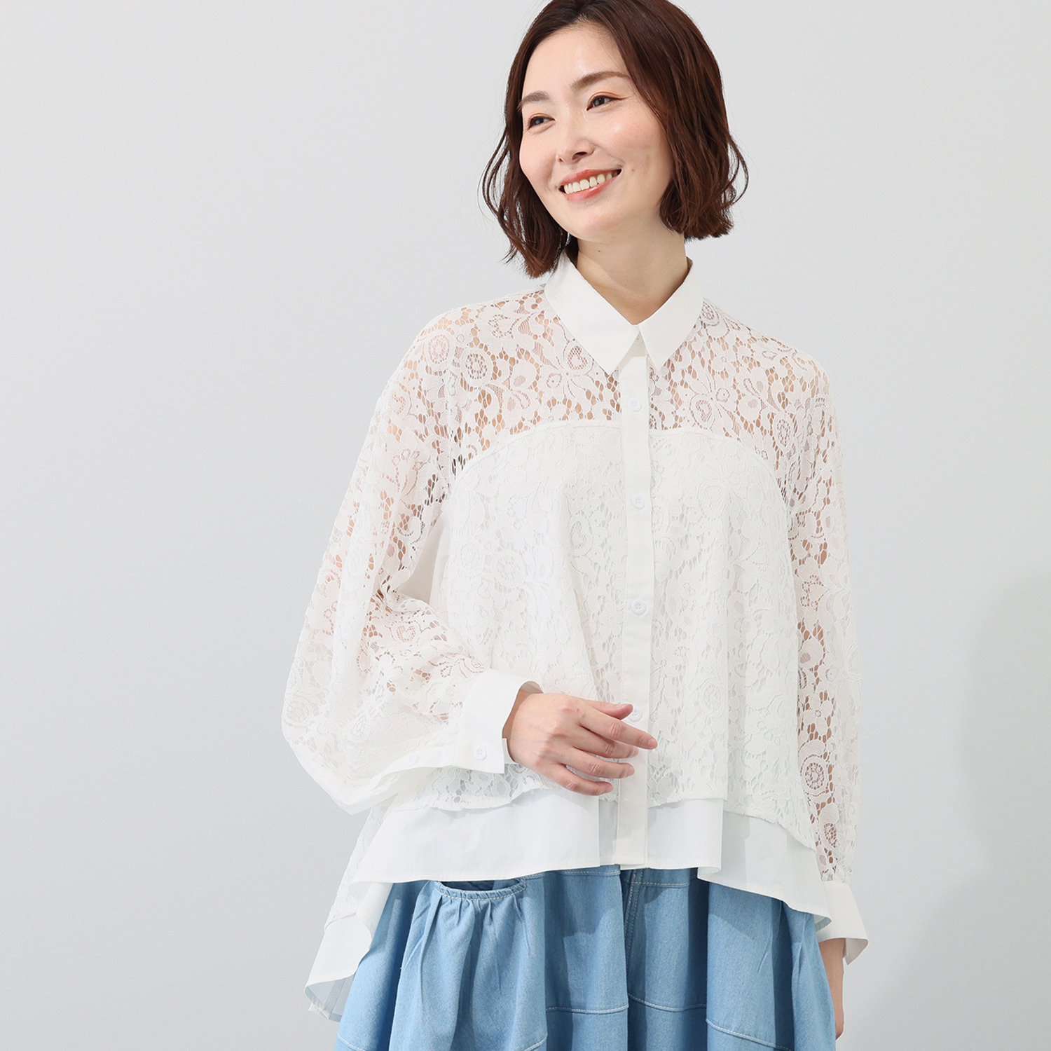 ベルデニム 異素材使い レース切替 オーバーサイズ デザインシャツ