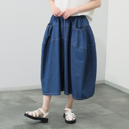 ベルデニム ウォッシュ加工入り ストレッチデニム使用 ワイドシルエット デザインキュロットパンツ