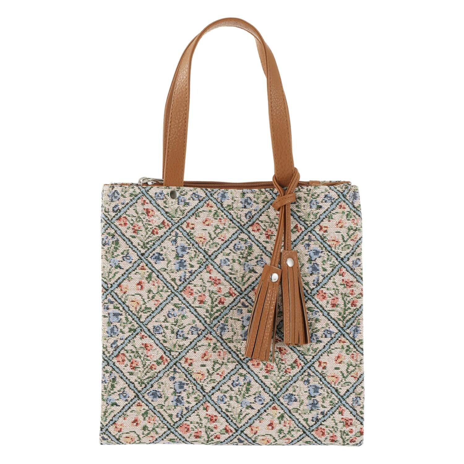 ラルジュ タッセルチャーム付 小花チェック スクエアトートバッグ