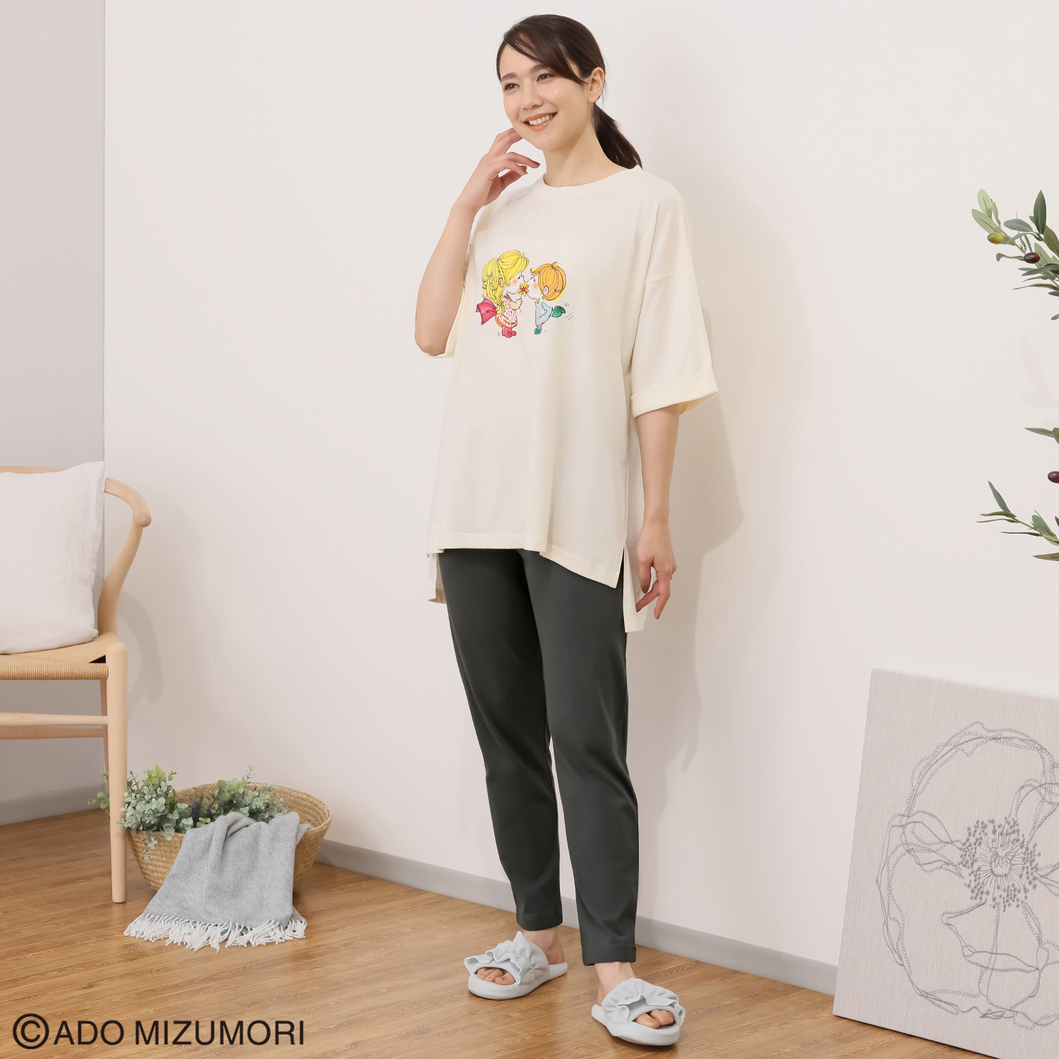 水森亜土 綿１００％爽やか天竺 ゆったりトップス＆ レギンス ルームウェアセット