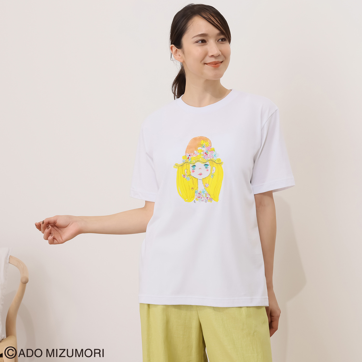 水森亜土 綿１００％爽やか天竺 転写プリント ルームＴシャツ