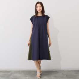 ラヴィーコンフォート 接触冷感 異素材ミックス バイカラー＆ タックアクセント ワンピース