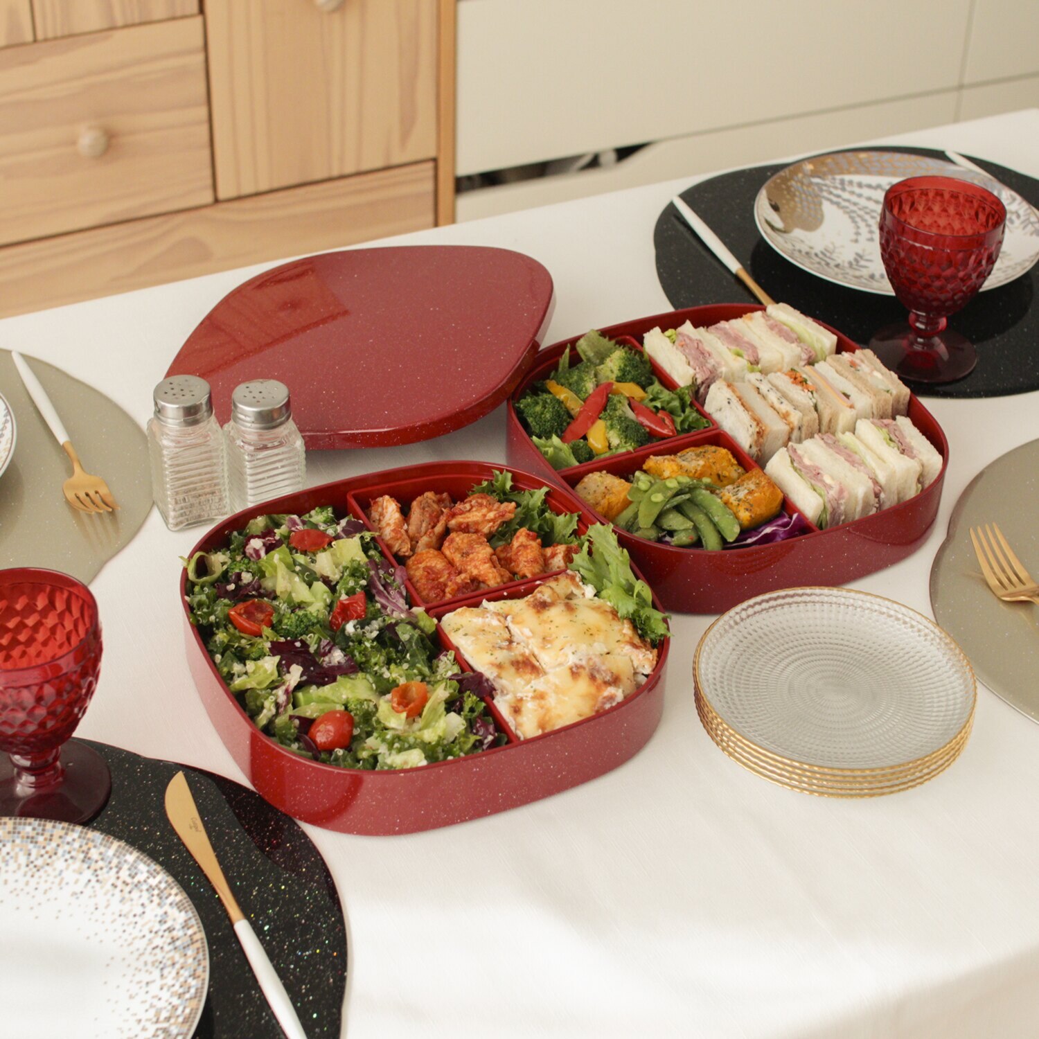 ジュエルキラメキ くつわ型二段重箱 仕切りボックス＆内蓋付き