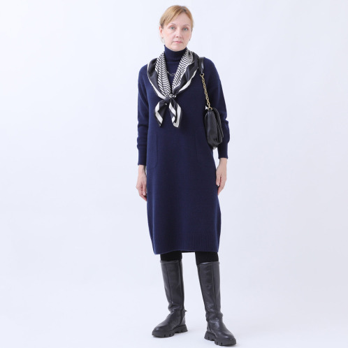 ルーエン　ローズ 日本製 内モンゴル産 カシミヤ１００％ 地柄ボーダー ハイネックワンピース