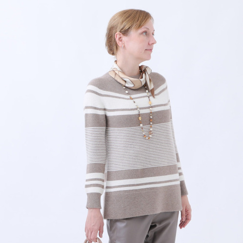 ルーエン　ローズ 日本製 内モンゴル産 カシミヤ１００％ 地柄ボーダー チュニックプルオーバー