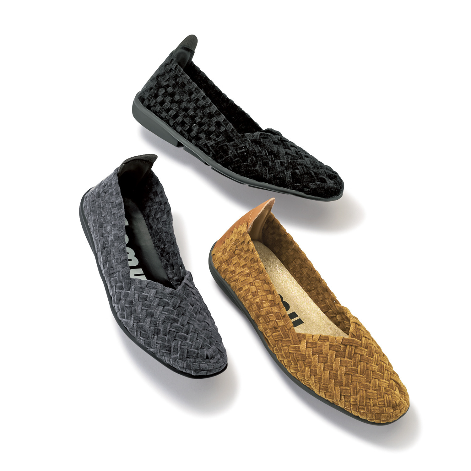 ゴムゴム ツイード調 柔らかゴムメッシュ スクエアトゥ 洗えるフラットシューズ