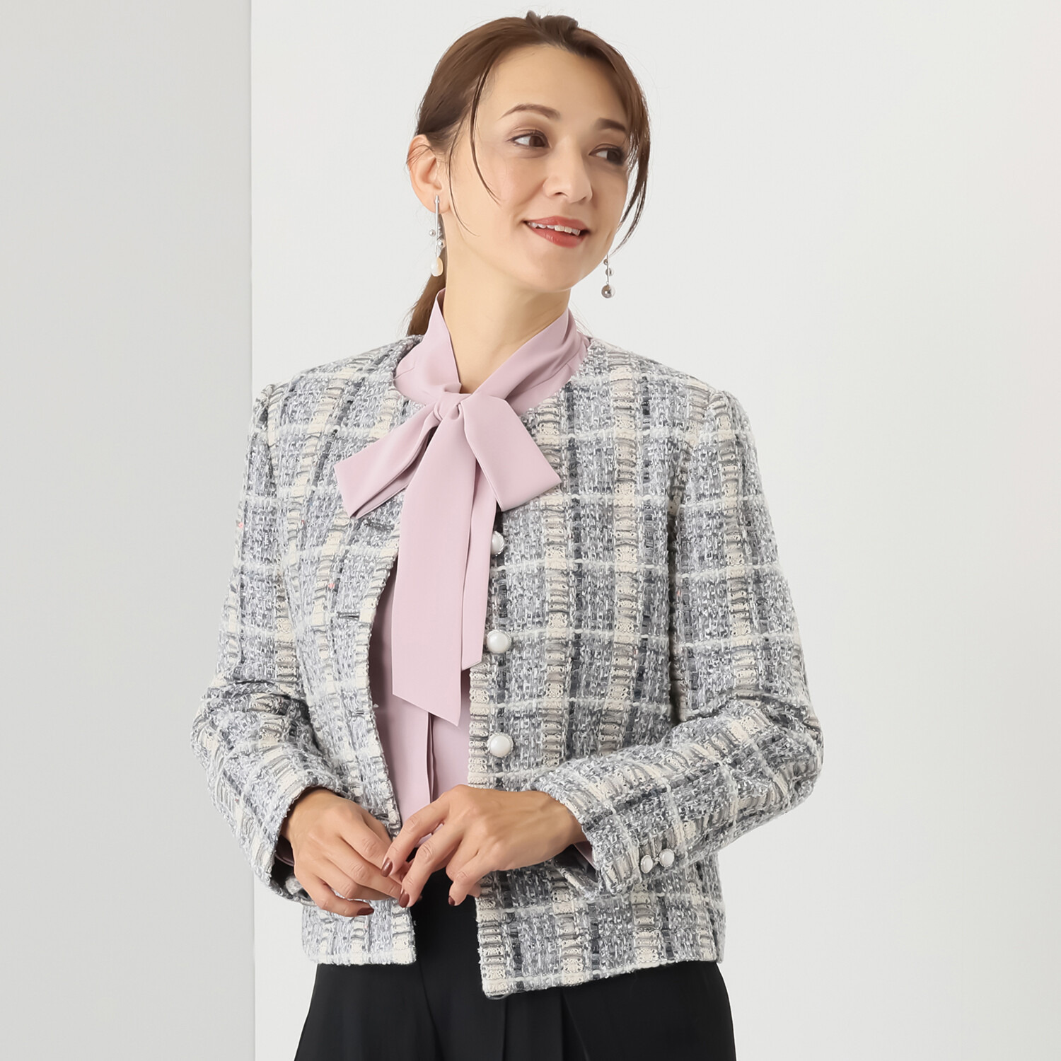 ゴドー 美しいミックスツイード ノーカラージャケット- ショップ